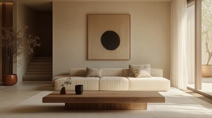 Minimalist living room, curved beige sofa, wooden coffee table, oval mirror, round pendant lights, neutral color palette, textured walls, potted plant, framed artwork, natural materials, Scandinavian 