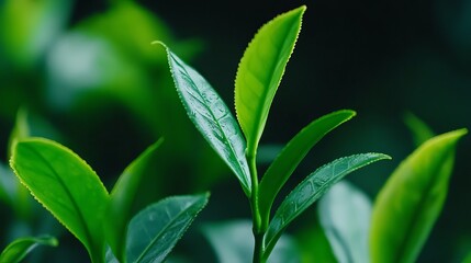 Fototapeta premium Closeup of young tender green tea leaves on a tea tree in an organic farm Vibrant plantation field with a serene morning backdrop