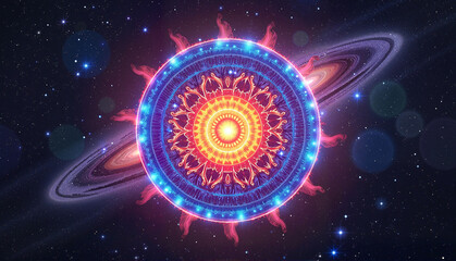 Mandala circular pattern with cosmic elements in space
