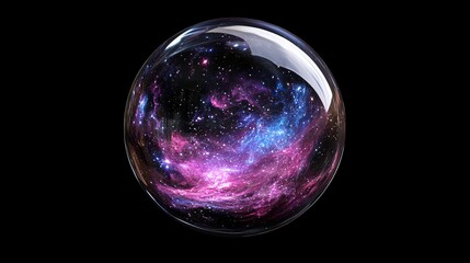 Vibrant cosmic nebula encased in a transparent glass sphere on black background
