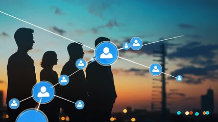 Silhouetted figures of four young adults stand against a vibrant sunset backdrop, interconnected by a network of glowing digital connections, symbolizing modern networking and global communication. - Powered by Adobe