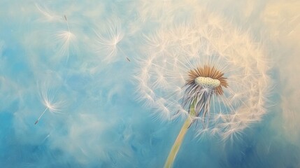 Fototapeta premium Dandelion seeds blowing in the wind against a blue sky.