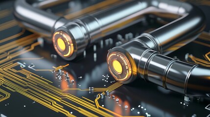 Digital pipeline design integrated with data elements resembling a circuit board 3D illustration