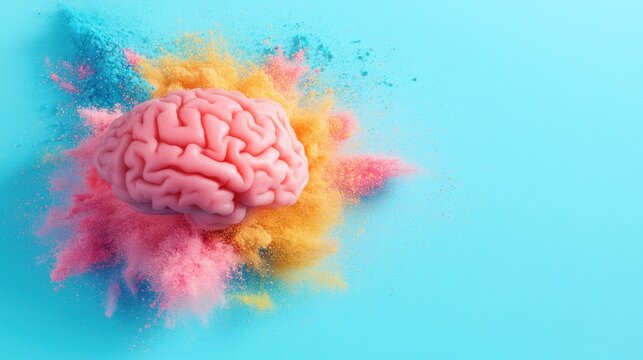 A pink brain is exploding in vibrant colored powder against a calming light blue background