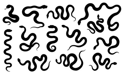 Snake silhouette set. Collection of black snake shapes in various positions. Perfect for tattoos, logos, patterns, posters, stickers, and design projects.