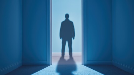 Home insurance damage and theft, A silhouette of a person stands in a doorway, casting a long shadow on a blue backdrop, evoking a sense of mystery and solitude.