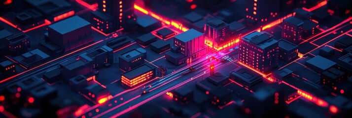 Obraz premium Vibrant lights decorate a modern city layout at night, highlighting buildings and streets in neon hues