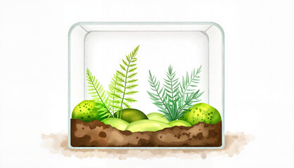 Watercolor terrarium with ferns and stones