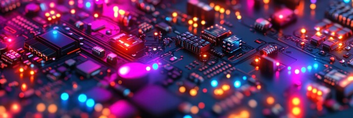 Obraz premium Bright lights illuminate a detailed circuit board with various components in a dark environment