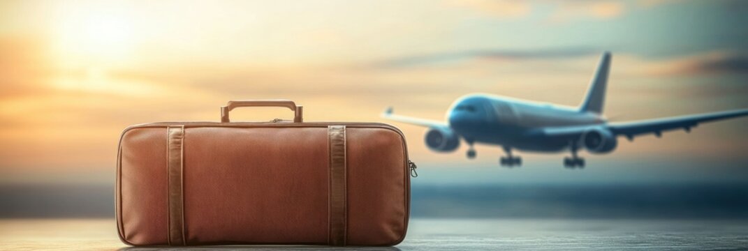 A travel bag rests on a platform with an airplane landing in the distance under a colorful sunset