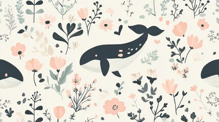 Obraz premium Whimsical scandinavian botanical pattern with whales and flowers soft white background illustrated nature design