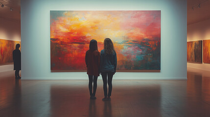 Lesbian couple at an art museum, admiring a painting while standing side by side, bright lighting, contrast and smooth lines