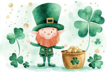 Cheerful leprechaun with gold coins surrounded by clovers and shamrocks