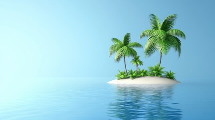 Fototapeta premium Lush palm trees grow on a small sandy island in tranquil waters on a sunny day