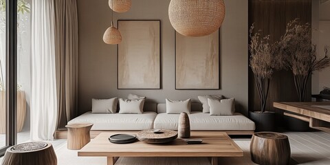 Minimalist living room, neutral tones, spherical pendant lights, beige sofa, large wood coffee table, floor-to-ceiling windows, soft natural lighting, earthy color palette, zen atmosphere, organic sha