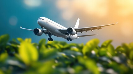 Obraz premium Airplane takes off or lands above a verdant green field under a colorful sky at sunset