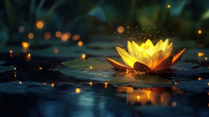 Luminous lily pad on tranquil water surface, serene reflection, peaceful ambiance, natural elegance, harmony in nature, vibrant colors
