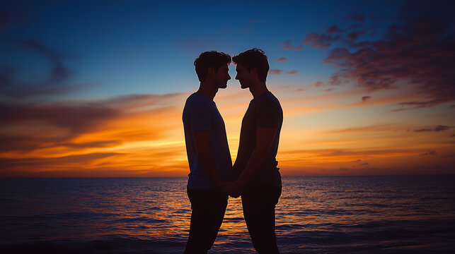 Gay couple hugging each other on a scenic beach at sunset, silhouettes against the sky, hands intertwined, bright lighting, contrast and smooth lines