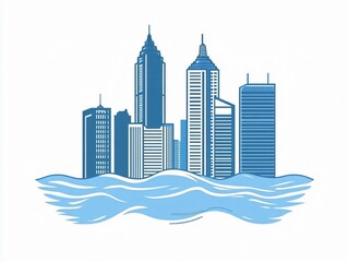 Obraz premium Submerged Cityscape, Modern Buildings Underwater Illustration
