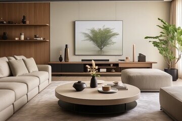 interior with light upholstered furniture, painting on wall, plant pot, a round table for coffee