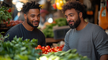 Gay couple at a farmers’ market, one picking out fresh vegetables while the other chats with a vendor, bright lighting, contrast and smooth lines