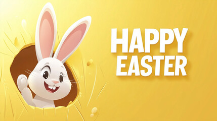 Fototapeta premium Illustration of a cute Easter bunny with a happy face peeking out from behind a hole in a yellow background and big text 