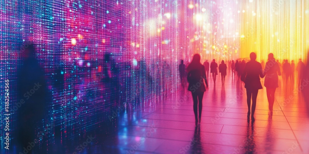 Poster silhouetted figures amidst digital light trails on a surreal gradient background