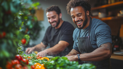 Two men cooking together in the kitchen, preparing a meal as they laugh and interact playfully, bright lighting, contrast and smooth lines