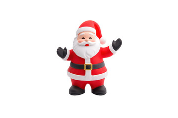 A cheerful Santa Claus figurine with red suit and black belt, arms raised in joy, isolated on transparency background. Perfect for festive holiday decorations and Christmas themes