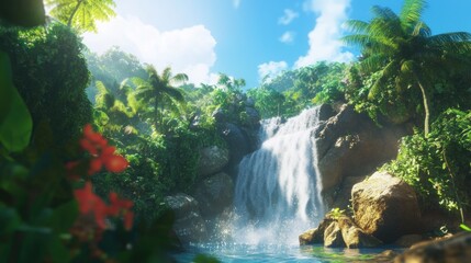 Lush tropical waterfall cascading down rocky cliffs into a serene pool, surrounded by vibrant green foliage and red flowers under a sunny sky.