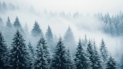 A serene winter scene featuring snow-covered evergreen trees in a foggy atmosphere.