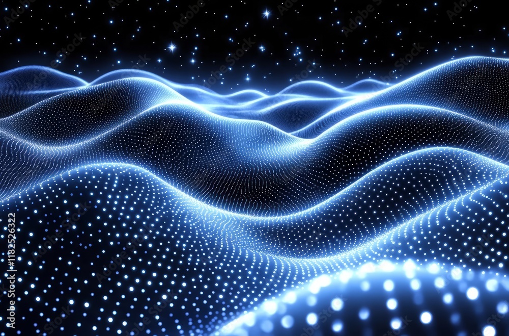 Wall mural Futuristic blue digital landscape with glowing dotted waves and starry sky