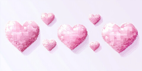 Fototapeta premium Set of pixel art effect soft pink hearts on white isolated background. Vector illustration in pixelated mosaic retro game style. 8 bit vintage decor, icons. 