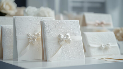Elegant embossed wedding invitations with satin ribbons