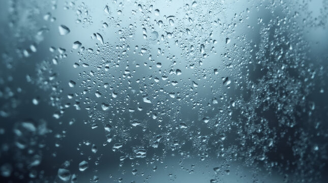Condensation forming intricate shapes on a frosted windowpane during a winter storm