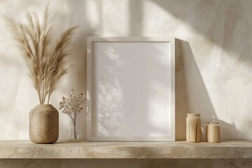 Elegant home decor display with natural elements and soft shadows on a textured wall