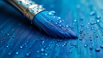 Dewdrops on the bristles of a paintbrush dipped in vibrant blue paint