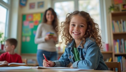 Fototapeta premium A joyful young girl with curly hair is focused on her studies, holding a red pencil, while a woman stands in the background. The vibrant classroom setting, filled with colorful educational materials