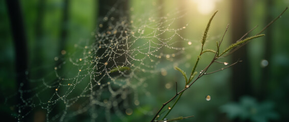 Macro shot of dew drops on a spider web, suspended in front of a blurred forest background