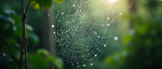 Macro shot of dew drops on a spider web, suspended in front of a blurred forest background
