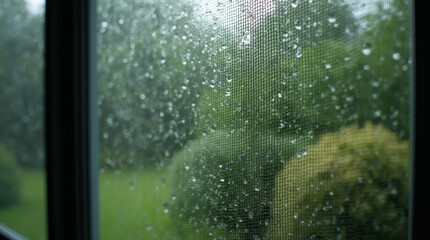 Macro shot of rain droplets on the fine mesh of a screen door, with a garden blurred behind it