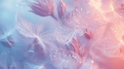 Dreamy pastel dandelion seeds illuminated with soft light, close-up view.