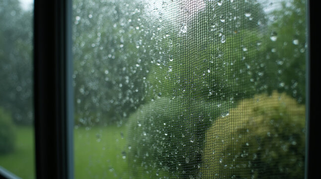 Macro shot of rain droplets on the fine mesh of a screen door, with a garden blurred behind it - Powered by Adobe