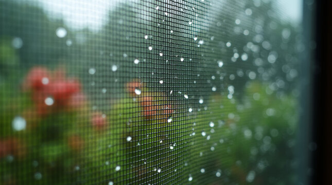Macro shot of rain droplets on the fine mesh of a screen door, with a garden blurred behind it