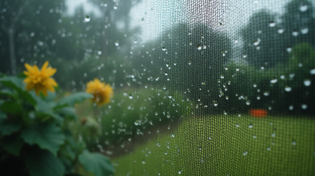 Macro shot of rain droplets on the fine mesh of a screen door, with a garden blurred behind it