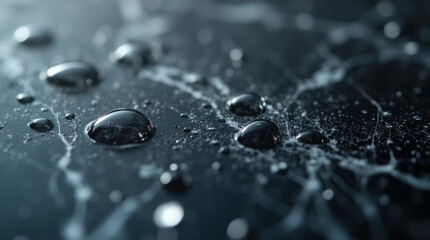 Macro shot of water beads on a reflective black marble surface, creating abstract patterns