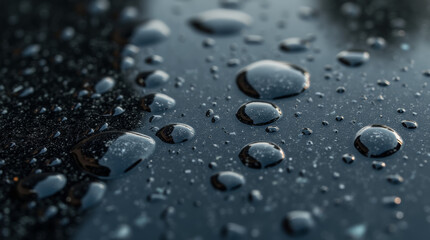 Macro shot of water beads on a reflective black marble surface, creating abstract patterns
