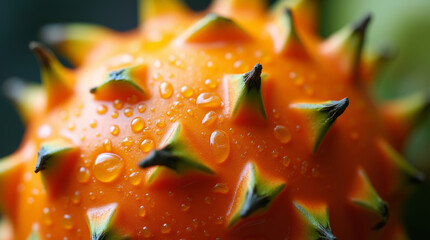 Macro shot of water droplets on a dragonfruit's spiky surface, bright tropical colors