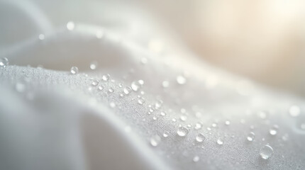 Macro shot of water droplets on a soft white cotton fabric, absorbing light delicately