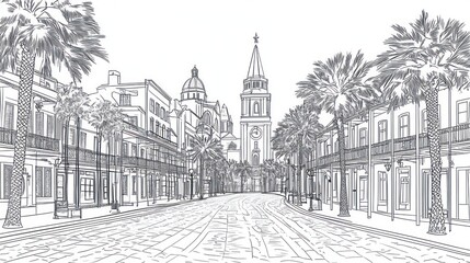 SketchPalm-lined street, church, city, travel guide illustration